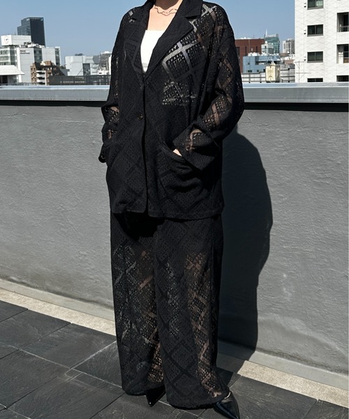 Happy John（ハッピージョン）の「loose over lace jacket/ルーズオーバーレースジャケット（テーラードジャケット・レディース・ブラック/ホワイト・FREE）」の16枚目の写真