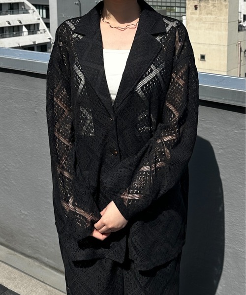 Happy John（ハッピージョン）の「loose over lace jacket/ルーズオーバーレースジャケット（テーラードジャケット・レディース・ブラック/ホワイト・FREE）」の10枚目の写真