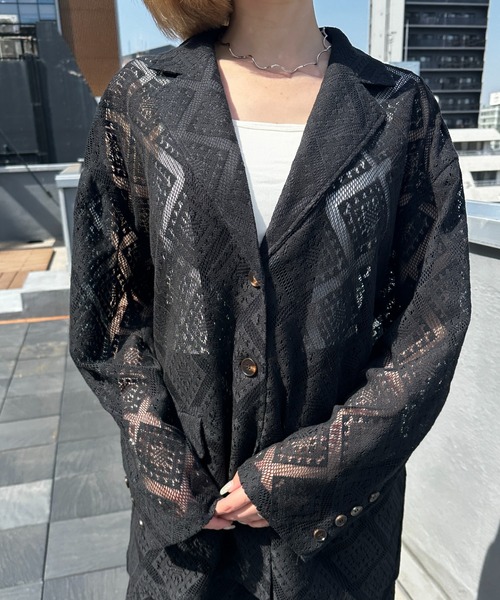 Happy John（ハッピージョン）の「loose over lace jacket/ルーズオーバーレースジャケット（テーラードジャケット・レディース・ブラック/ホワイト・FREE）」の13枚目の写真