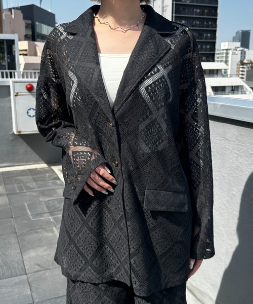 Happy John（ハッピージョン）の「loose over lace jacket/ルーズオーバーレースジャケット（テーラードジャケット・レディース・ブラック/ホワイト・FREE）」の14枚目の写真