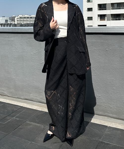 Happy John（ハッピージョン）の「loose over lace jacket/ルーズオーバーレースジャケット（テーラードジャケット・レディース・ブラック/ホワイト・FREE）」の15枚目の写真