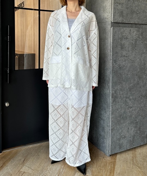 Happy John（ハッピージョン）の「loose over lace jacket/ルーズオーバーレースジャケット（テーラードジャケット・レディース・ブラック/ホワイト・FREE）」の6枚目の写真