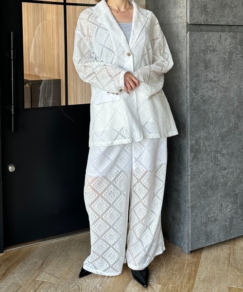 Happy John（ハッピージョン）の「loose over lace jacket/ルーズオーバーレースジャケット（テーラードジャケット・レディース・ブラック/ホワイト・FREE）」の9枚目の写真