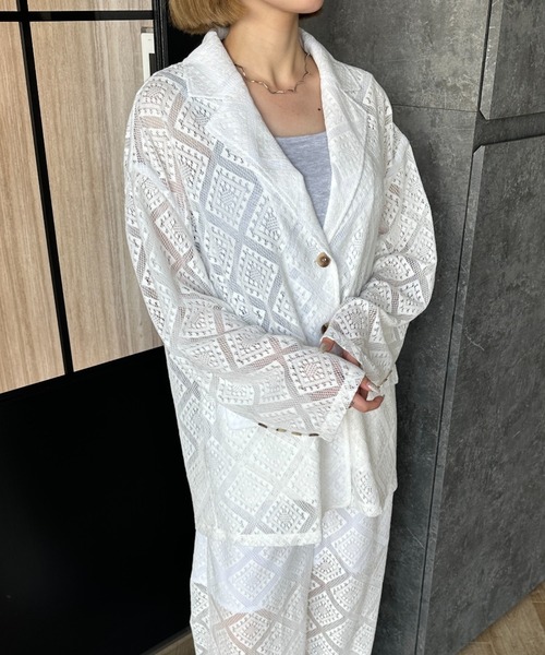 Happy John（ハッピージョン）の「loose over lace jacket/ルーズオーバーレースジャケット（テーラードジャケット・レディース・ブラック/ホワイト・FREE）」の5枚目の写真