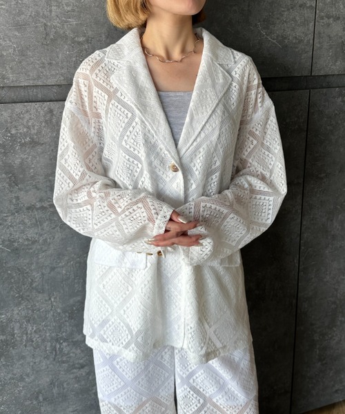 Happy John（ハッピージョン）の「loose over lace jacket/ルーズオーバーレースジャケット（テーラードジャケット・レディース・ブラック/ホワイト・FREE）」の3枚目の写真