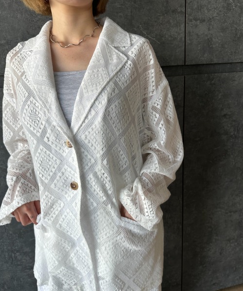 Happy John（ハッピージョン）の「loose over lace jacket/ルーズオーバーレースジャケット（テーラードジャケット・レディース・ブラック/ホワイト・FREE）」の4枚目の写真