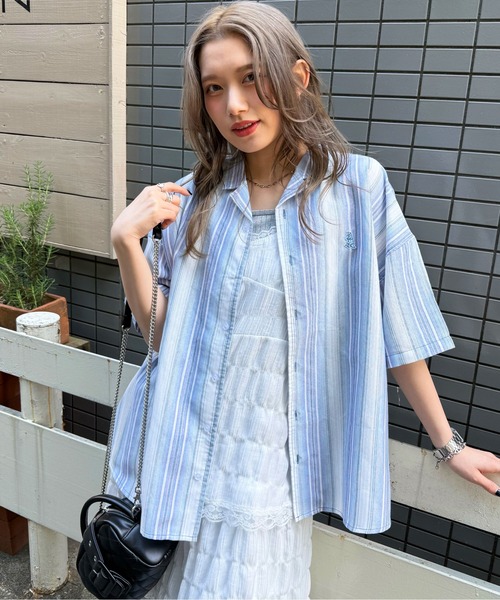 セール】【m:rex】ミニ恐竜ワッペン開襟ストライプ5分袖シャツ（シャツ