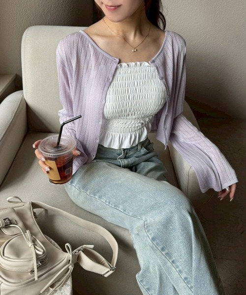 one after another NICE CLAUP(ワンアフターアナザーナイスクラップ)の「シアーベルスリーブカーディガン(カーディガン/ボレロ・レディース・アイボリー/グレー/ミント/ピンク/オフホワイト/ベージュ/ラベンダー・FREE)」の6枚目の写真