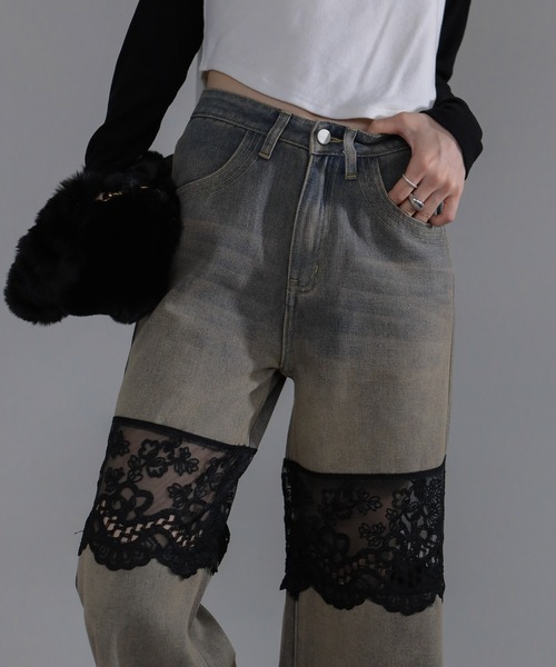 pumpkin port（パンプキンポート）の「レース切替 デニムワイドロングパンツ（デニムパンツ・レディース・ブルー/ブラック/ネイビー・LL/L/M/S）」の3枚目の写真