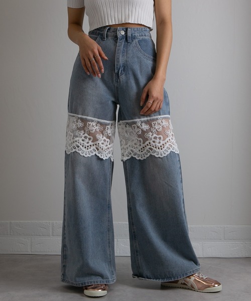 pumpkin port（パンプキンポート）の「レース切替 デニムワイドロングパンツ（デニムパンツ・レディース・ブルー/ブラック/ネイビー・LL/L/M/S）」の4枚目の写真