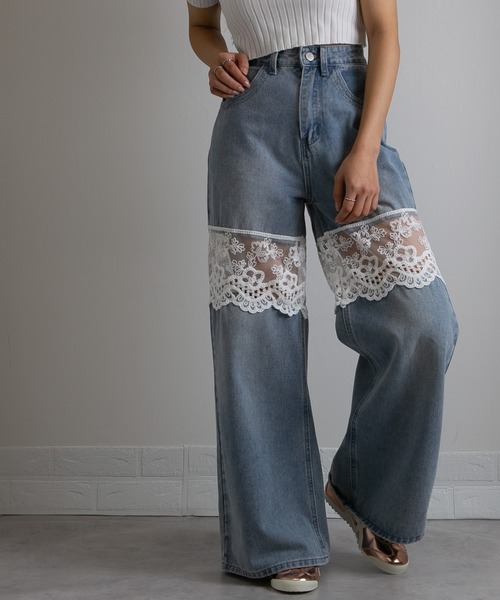 pumpkin port（パンプキンポート）の「レース切替 デニムワイドロングパンツ（デニムパンツ・レディース・ブルー/ブラック/ネイビー・LL/L/M/S）」の5枚目の写真
