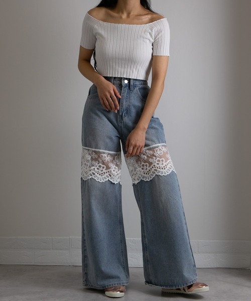 pumpkin port（パンプキンポート）の「レース切替 デニムワイドロングパンツ（デニムパンツ・レディース・ブルー/ブラック/ネイビー・LL/L/M/S）」の6枚目の写真