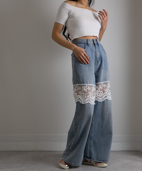 pumpkin port（パンプキンポート）の「レース切替 デニムワイドロングパンツ（デニムパンツ・レディース・ブルー/ブラック/ネイビー・LL/L/M/S）」の7枚目の写真