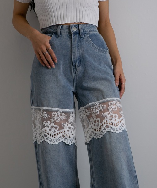 pumpkin port（パンプキンポート）の「レース切替 デニムワイドロングパンツ（デニムパンツ・レディース・ブルー/ブラック/ネイビー・LL/L/M/S）」の8枚目の写真