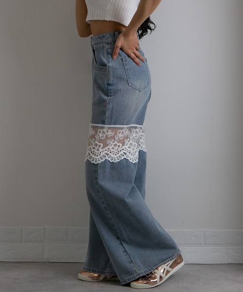 pumpkin port（パンプキンポート）の「レース切替 デニムワイドロングパンツ（デニムパンツ・レディース・ブルー/ブラック/ネイビー・LL/L/M/S）」の9枚目の写真