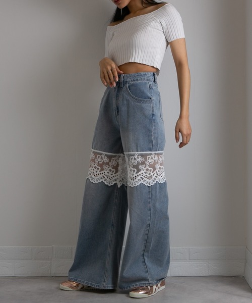 pumpkin port（パンプキンポート）の「レース切替 デニムワイドロングパンツ（デニムパンツ・レディース・ブルー/ブラック/ネイビー・LL/L/M/S）」の10枚目の写真