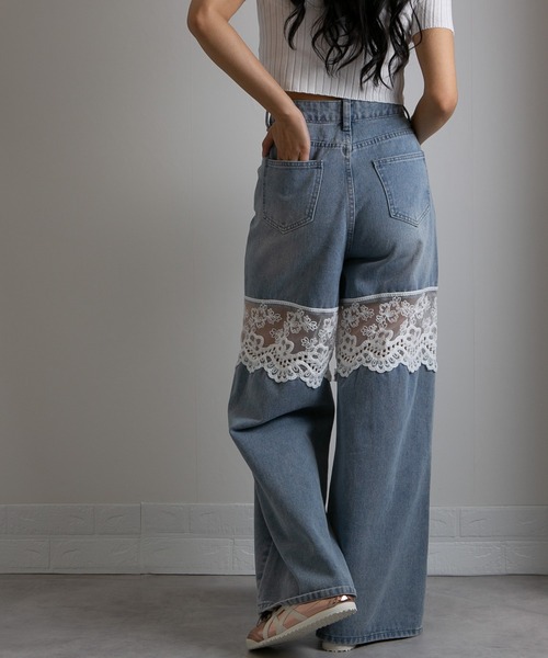 pumpkin port（パンプキンポート）の「レース切替 デニムワイドロングパンツ（デニムパンツ・レディース・ブルー/ブラック/ネイビー・LL/L/M/S）」の11枚目の写真