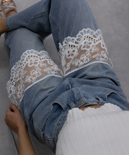 pumpkin port（パンプキンポート）の「レース切替 デニムワイドロングパンツ（デニムパンツ・レディース・ブルー/ブラック/ネイビー・LL/L/M/S）」の14枚目の写真