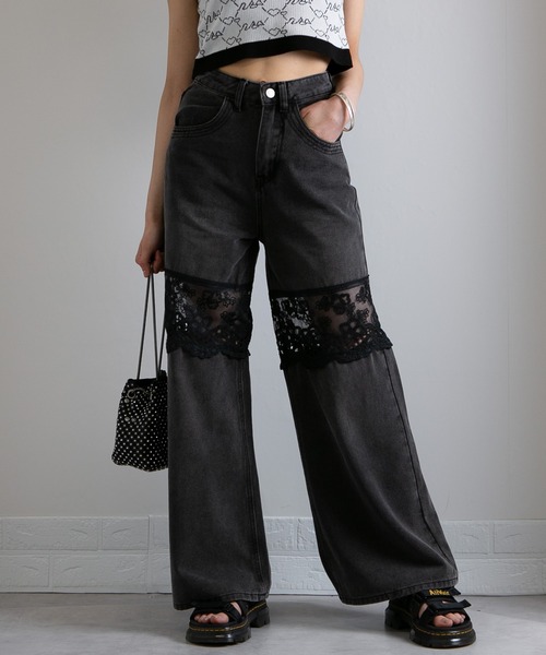 pumpkin port（パンプキンポート）の「レース切替 デニムワイドロングパンツ（デニムパンツ・レディース・ブルー/ブラック/ネイビー・LL/L/M/S）」の21枚目の写真