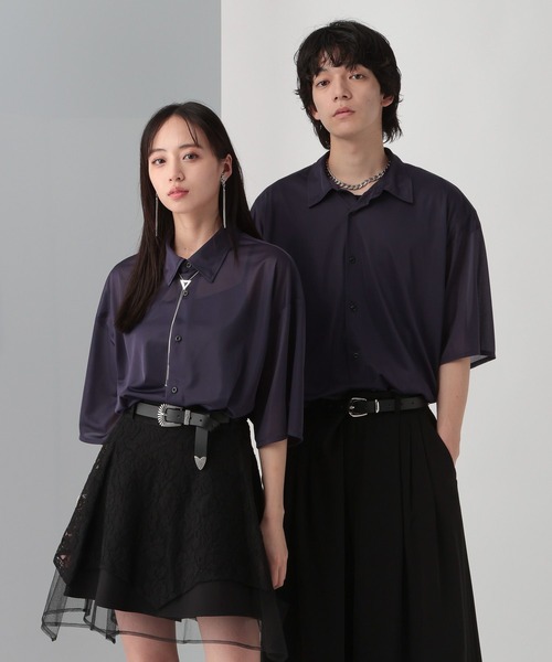 HARE（ハレ）の「【WEB限定】マルチマテリアルシアーシャツSS(HARE)（シャツ/ブラウス・メンズ・ブラック/パープル/グレー・LARGE/MEDIUM/SMALL）」の4枚目の写真