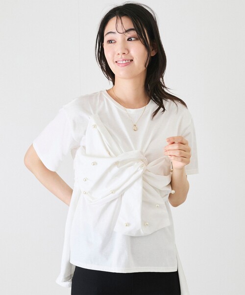 Jayro(ジャイロ)の「パールデコフリルTシャツ(Tシャツ/カットソー・レディース・ブラック/ホワイト系その他・M)」の1枚目の写真