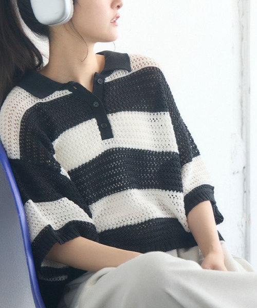 RETRO GIRL(レトロガール)の「メッシュラガー5分袖NTPO(ニット/セーター・レディース・ブラウン/ブラック系その他3/ブルー・FREE)」の1枚目の写真
