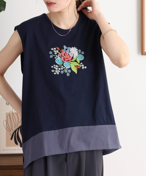 Emago(イマゴ)の「EMAGO 花ビーズ刺繍タンクトップ(タンクトップ・レディース・杢グレー/ホワイト×ブラウン/ネイビー・FREE)」の14枚目の写真