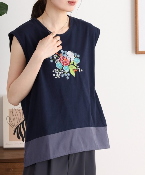 Emago(イマゴ)の「EMAGO 花ビーズ刺繍タンクトップ(タンクトップ・レディース・杢グレー/ホワイト×ブラウン/ネイビー・FREE)」の13枚目の写真