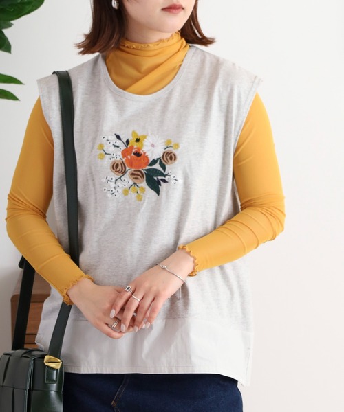 Emago(イマゴ)の「EMAGO 花ビーズ刺繍タンクトップ(タンクトップ・レディース・杢グレー/ホワイト×ブラウン/ネイビー・FREE)」の21枚目の写真