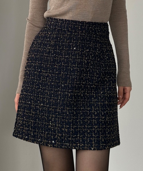 タグ付 定価4.8万 Rene パール装飾ファンシーツイードスカート