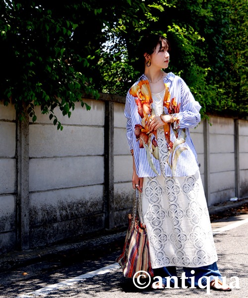 アンティカ☆ストライプ×花柄シャツ 花柄ストライプシャツ（シャツ/ブラウス）｜antiqua（アンティカ