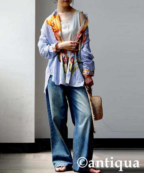 アンティカ☆ストライプ×花柄シャツ 花柄ストライプシャツ（シャツ/ブラウス）｜antiqua（アンティカ）の