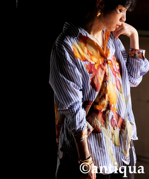 アンティカ☆ストライプ×花柄シャツ 花柄ストライプシャツ（シャツ/ブラウス）｜antiqua（アンティカ