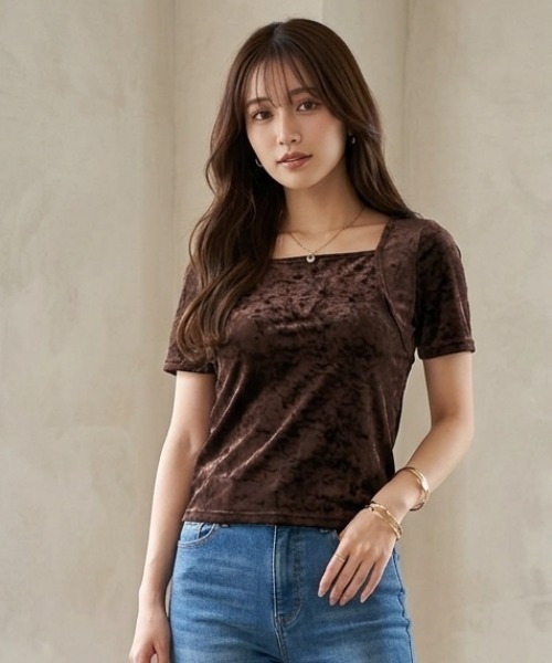 DIP IN CHOCOLATE(ディップインチョコレート)の「ベロアTシャツ【DIP IN CHOCOLATE】(Tシャツ/カットソー・レディース・ブラウン/ライトグレー/ブラック・F)」の1枚目の写真