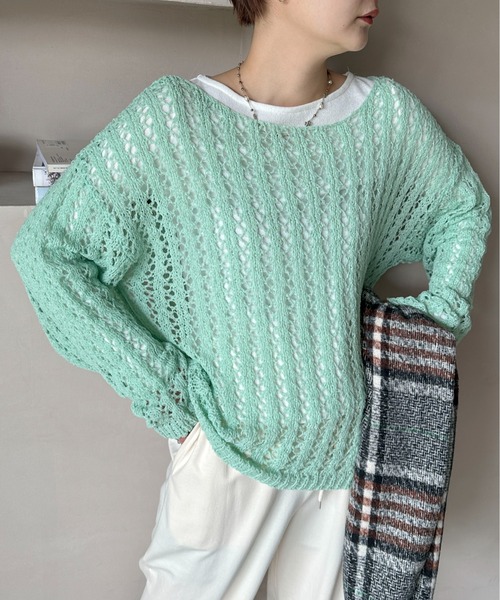 PILIT（ピリット）の「チュールヤーン透かし編みニット（ニット/セーター・レディース・ブラウン/ミント/アイボリー・MEDIUM）」の3枚目の写真