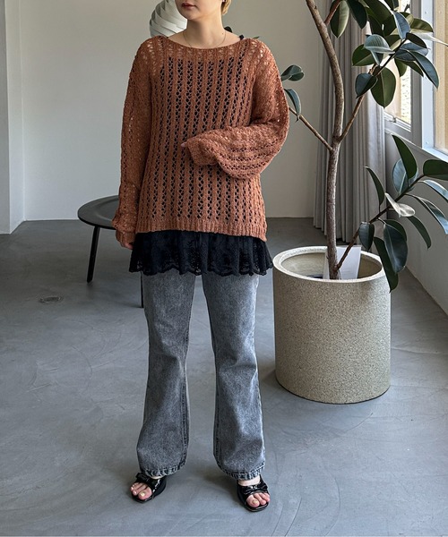 PILIT（ピリット）の「チュールヤーン透かし編みニット（ニット/セーター・レディース・ブラウン/ミント/アイボリー・MEDIUM）」の14枚目の写真