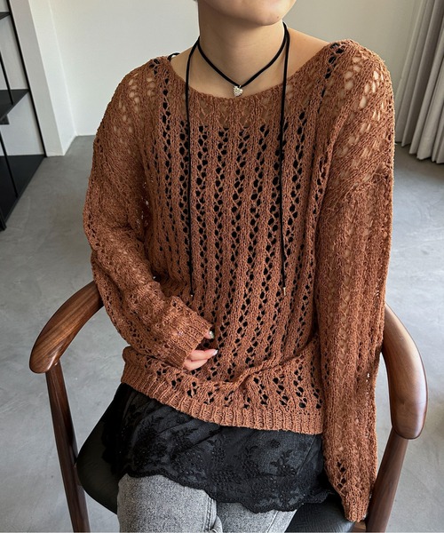 PILIT（ピリット）の「チュールヤーン透かし編みニット（ニット/セーター・レディース・ブラウン/ミント/アイボリー・MEDIUM）」の16枚目の写真