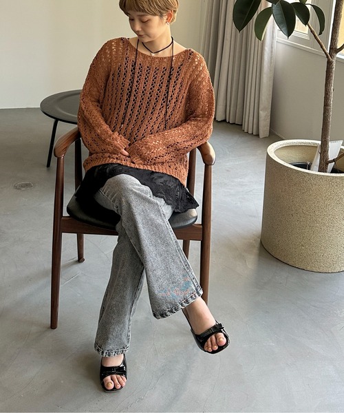 PILIT（ピリット）の「チュールヤーン透かし編みニット（ニット/セーター・レディース・ブラウン/ミント/アイボリー・MEDIUM）」の13枚目の写真