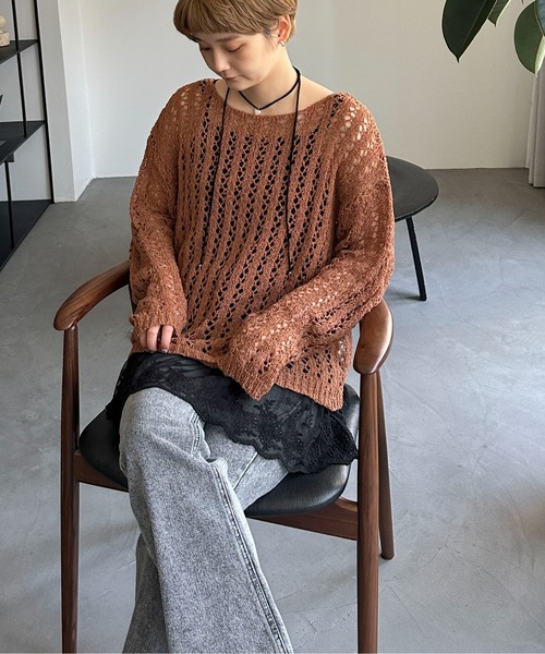 PILIT（ピリット）の「チュールヤーン透かし編みニット（ニット/セーター・レディース・ブラウン/ミント/アイボリー・MEDIUM）」の12枚目の写真