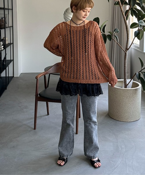 PILIT（ピリット）の「チュールヤーン透かし編みニット（ニット/セーター・レディース・ブラウン/ミント/アイボリー・MEDIUM）」の17枚目の写真