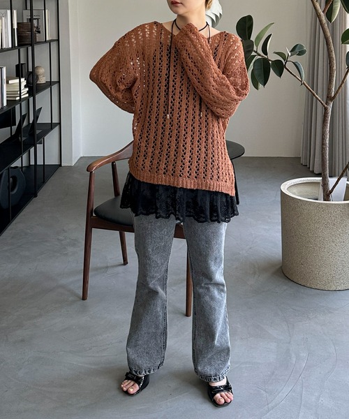 PILIT（ピリット）の「チュールヤーン透かし編みニット（ニット/セーター・レディース・ブラウン/ミント/アイボリー・MEDIUM）」の18枚目の写真