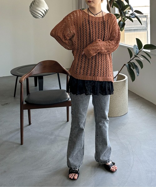 PILIT（ピリット）の「チュールヤーン透かし編みニット（ニット/セーター・レディース・ブラウン/ミント/アイボリー・MEDIUM）」の19枚目の写真