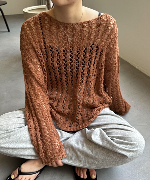 PILIT（ピリット）の「チュールヤーン透かし編みニット（ニット/セーター・レディース・ブラウン/ミント/アイボリー・MEDIUM）」の20枚目の写真