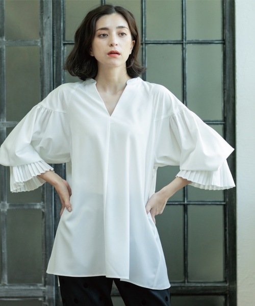 セール】プリーツキャンディスリーブブラウス【洗濯機洗い可】（シャツ