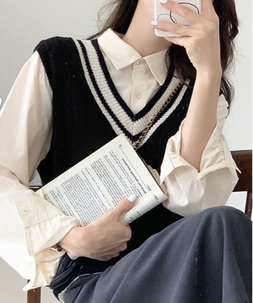 SHEPP(シープ)の「ケーブルライン Vネックベスト(ベスト・レディース・ブラック/グレー/ホワイト・F)」の12枚目の写真