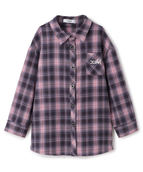 X-girl Stages（エックスガールステージス）の「シャドーチェックロゴ刺しゅうロング丈シャツ（シャツ/ブラウス・キッズ・ブラック/ピンク・110cm/140cm/120cm/130cm）」の2枚目の写真