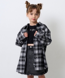 X-girl Stages | シャドーチェックロゴ刺しゅうロング丈シャツ(シャツ/ブラウス)