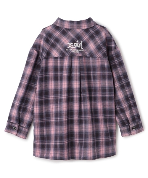X-girl Stages（エックスガールステージス）の「シャドーチェックロゴ刺しゅうロング丈シャツ（シャツ/ブラウス・キッズ・ブラック/ピンク・110cm/140cm/120cm/130cm）」の4枚目の写真