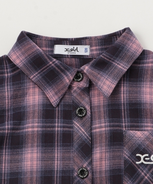 X-girl Stages（エックスガールステージス）の「シャドーチェックロゴ刺しゅうロング丈シャツ（シャツ/ブラウス・キッズ・ブラック/ピンク・110cm/140cm/120cm/130cm）」の5枚目の写真