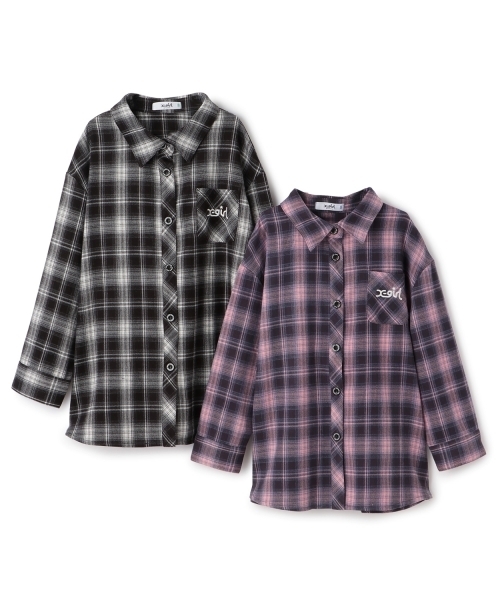 X-girl Stages（エックスガールステージス）の「シャドーチェックロゴ刺しゅうロング丈シャツ（シャツ/ブラウス・キッズ・ブラック/ピンク・110cm/140cm/120cm/130cm）」の10枚目の写真